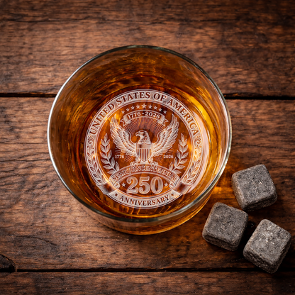 United States 250th Anniversary Engraved Rocks Whiskey Glass, USA Patriotic Gift For Him