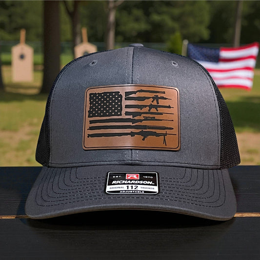 2ND AMENDMENT AMERICAN FLAG Patriotic Leather Patch Hat Charcoal/Black