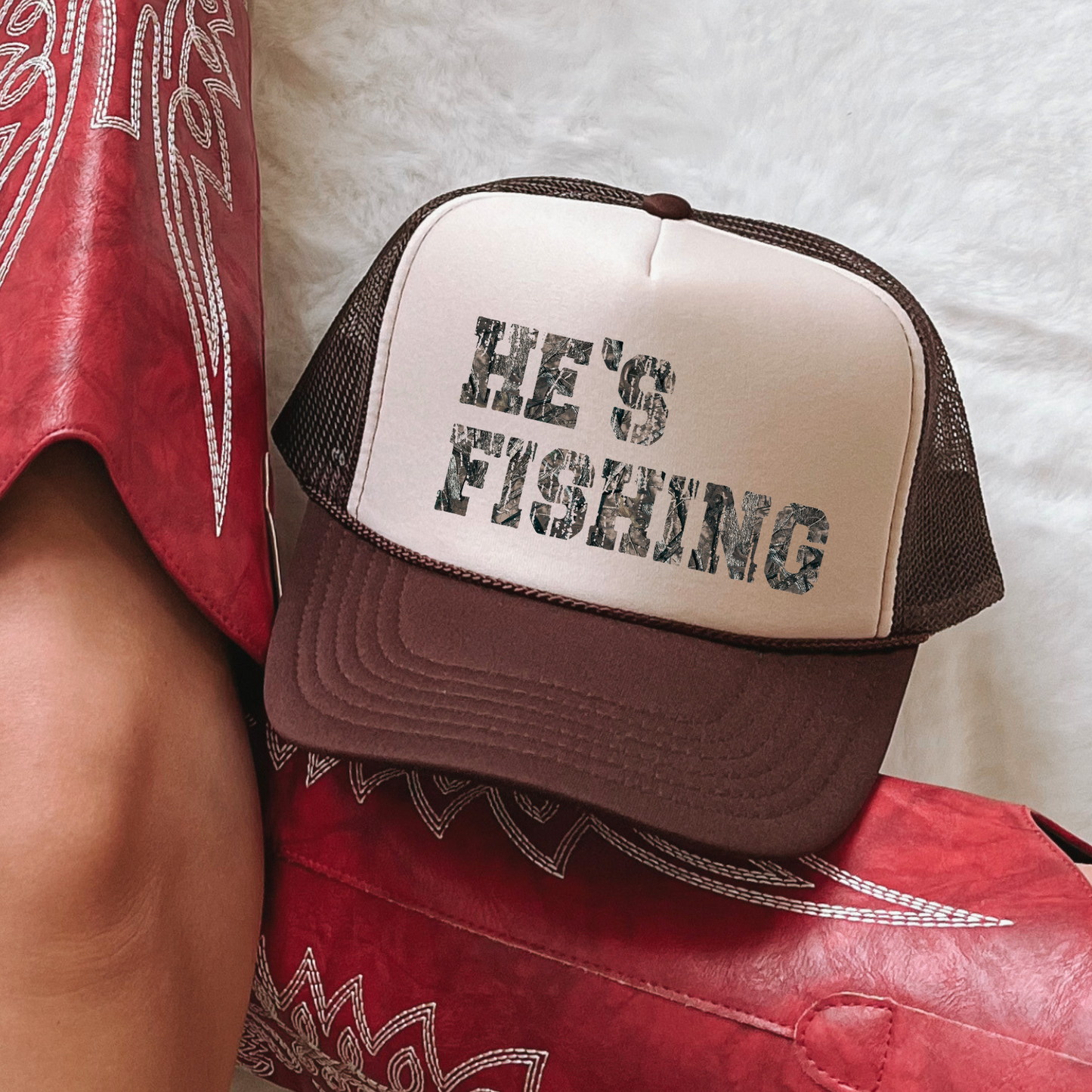 He's Fishing Classic Foam Trucker Hat Tan/Brown