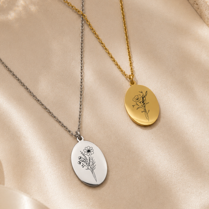 Custom Birth Month Flower Necklace | Engraved Oval Pendant