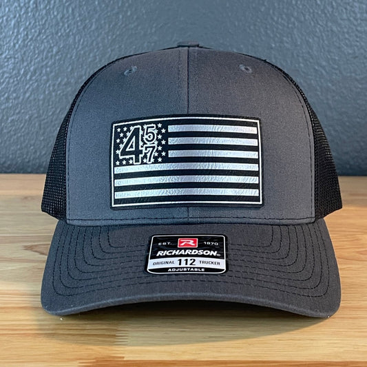 45 47 Inauguration American Flag Patriotic SnapBack Trucker Leather Patch Hat Charcoal Blk/Silv Patch Hat