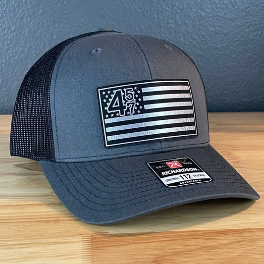 45 47 Inauguration American Flag Patriotic SnapBack Trucker Leather Patch Hat Charcoal Blk/Silv Patch Hat