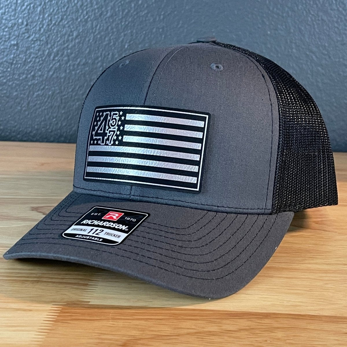 45 47 Inauguration American Flag Patriotic SnapBack Trucker Leather Patch Hat Charcoal Blk/Silv Patch Hat