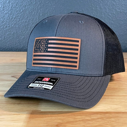45 47 Inauguration American Flag Patriotic SnapBack Trucker Rawhide Leather Patch Hat Charcoal Patch Hat