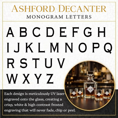 Personalized Etched Whiskey Decanter Set with 4 Rocks Glasses