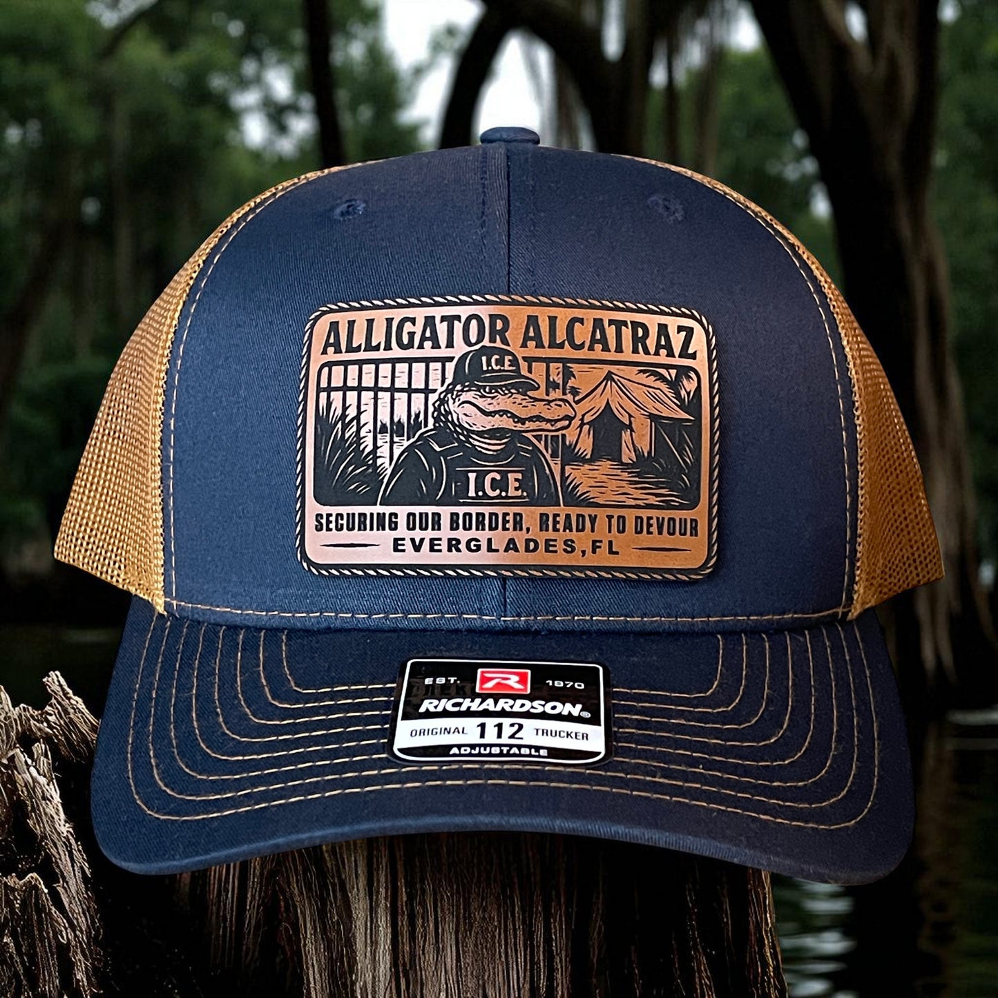 Alligator Alcatraz Swamp ICE Funny Leather Patch SnapBack Trucker Hat