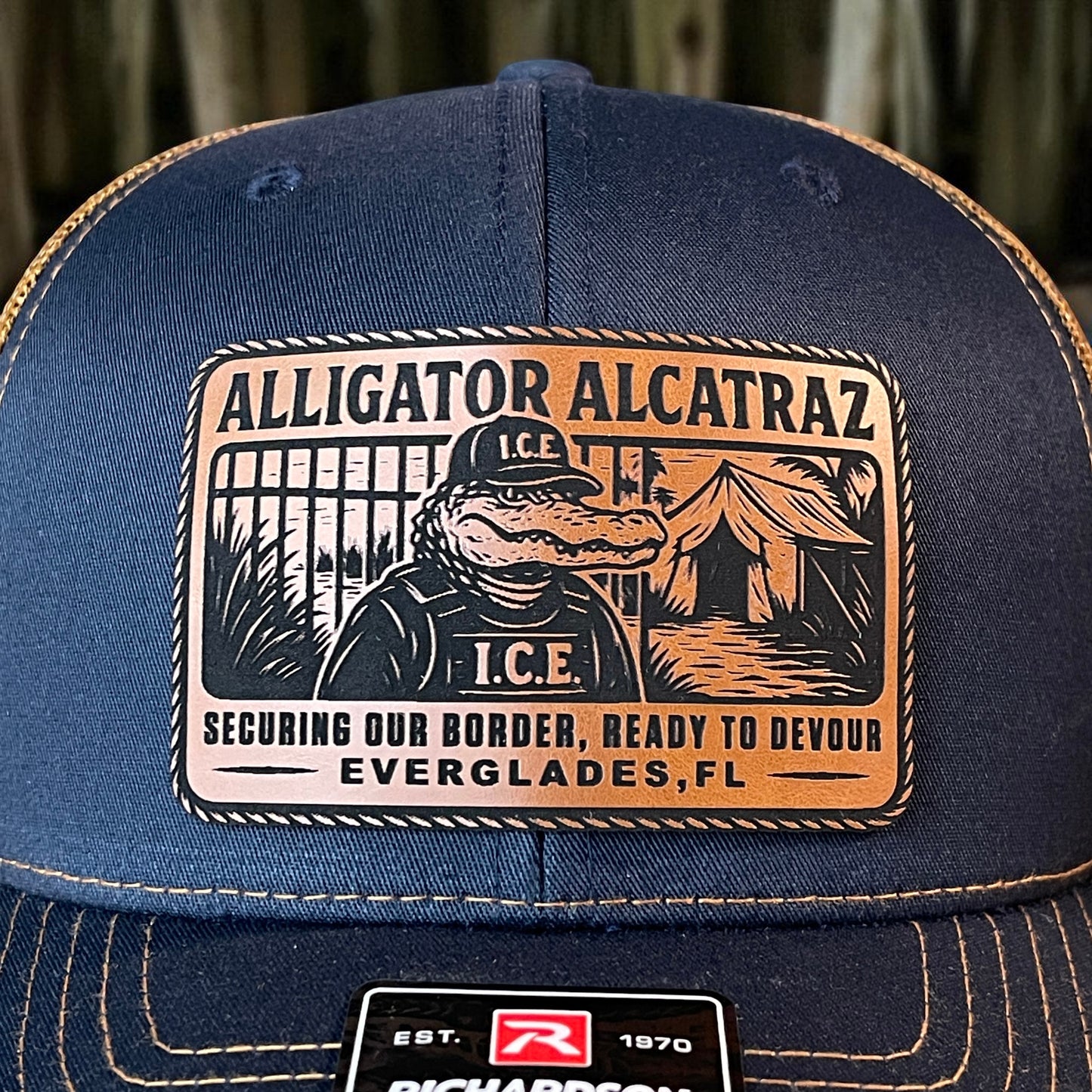 Alligator Alcatraz Swamp ICE Funny Leather Patch SnapBack Trucker Hat