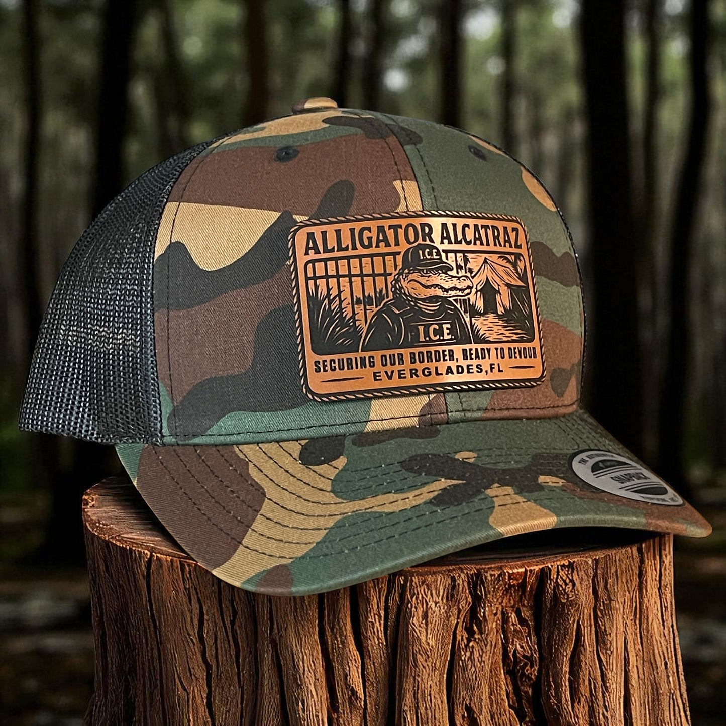 Alligator Alcatraz Swamp ICE Funny Leather Patch SnapBack Trucker Hat