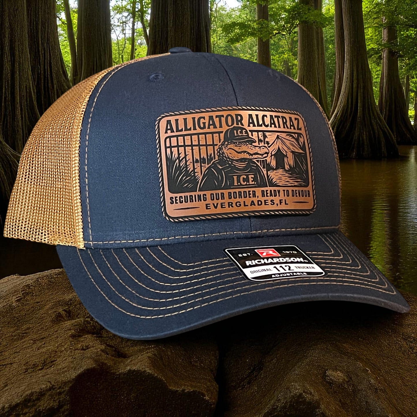Alligator Alcatraz Swamp ICE Funny Leather Patch SnapBack Trucker Hat