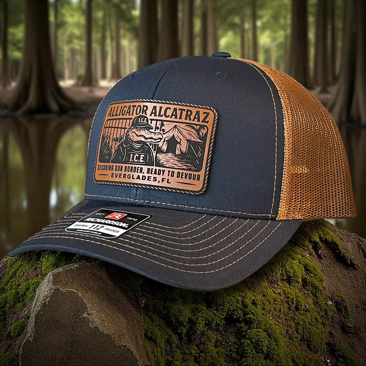Alligator Alcatraz Swamp ICE Funny Leather Patch SnapBack Trucker Hat