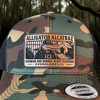 Alligator Alcatraz Swamp ICE Funny Leather Patch SnapBack Trucker Hat