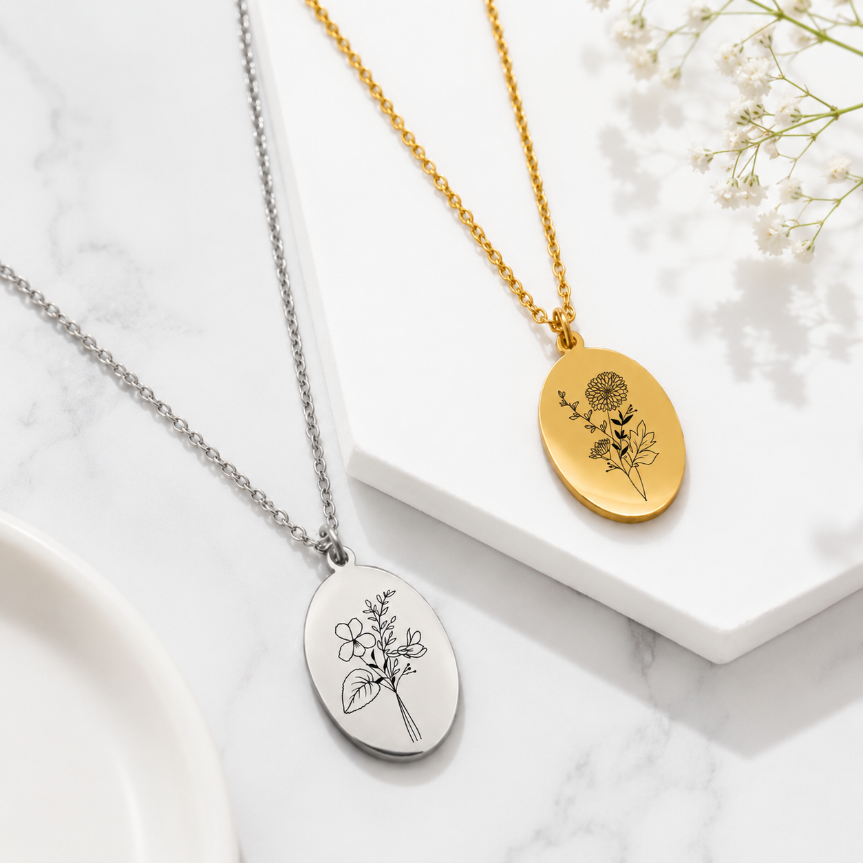 Custom Birth Month Flower Necklace | Engraved Oval Pendant