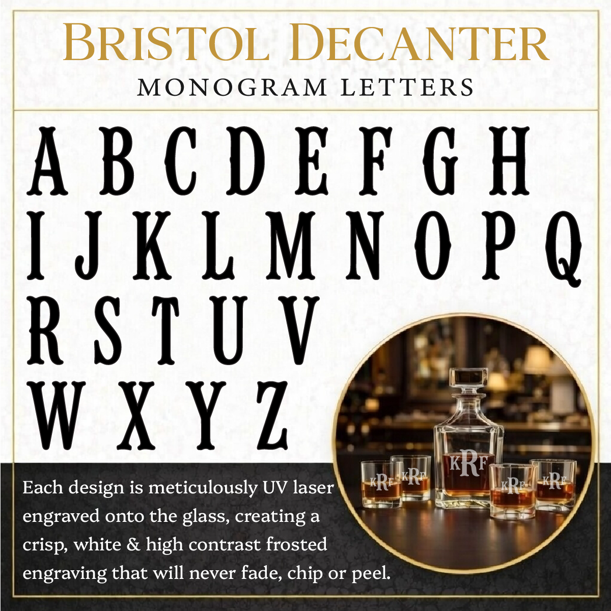 Personalized Etched Whiskey Decanter Set with 4 Rocks Glasses