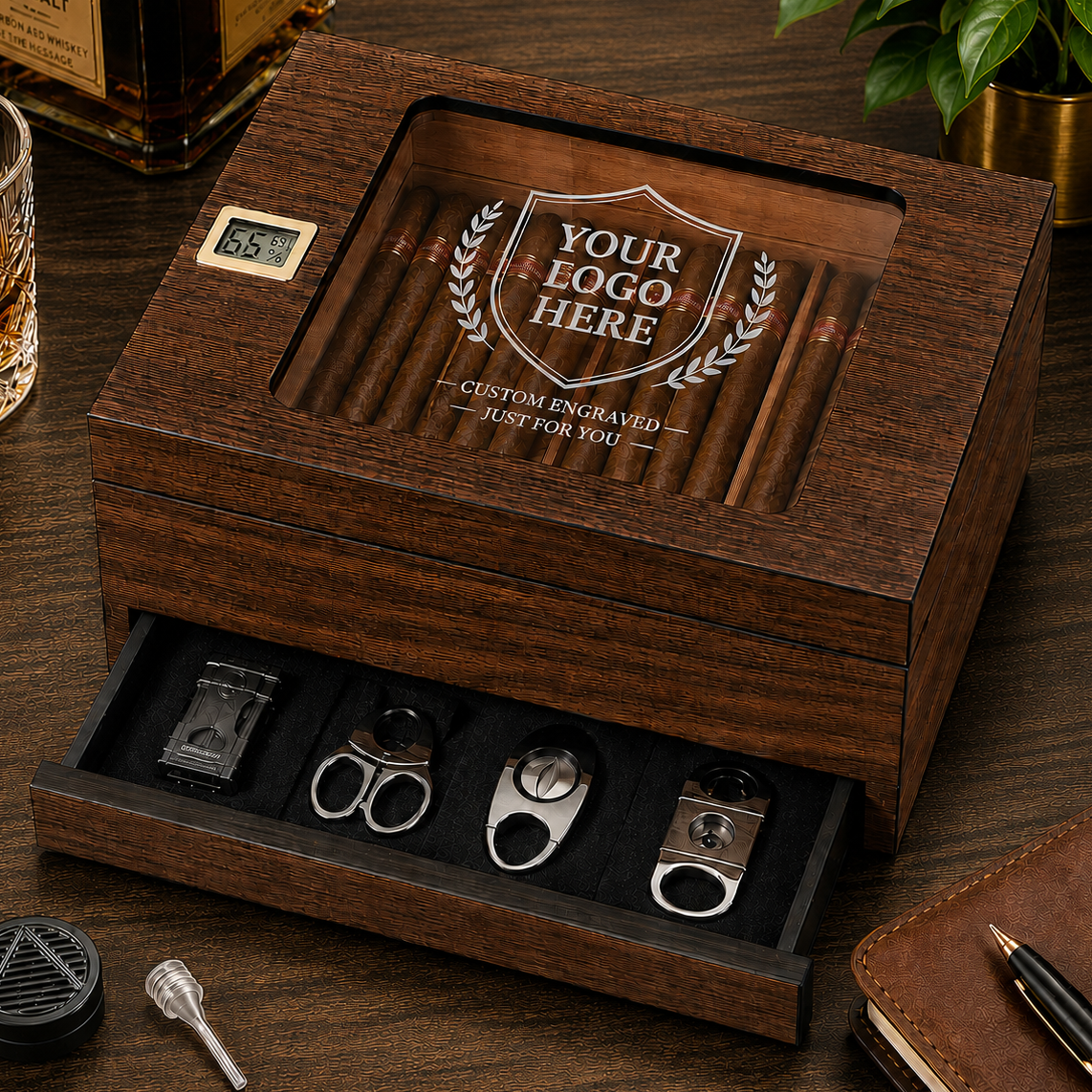 Custom Logo Cigar Humidor with Digital Hygrometer