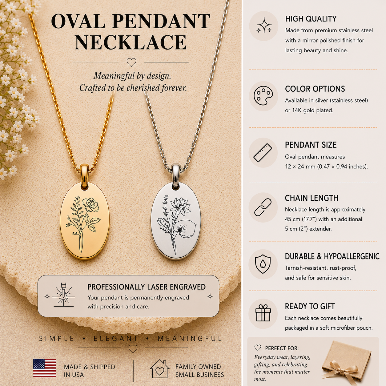 Custom Birth Month Flower Necklace | Engraved Oval Pendant