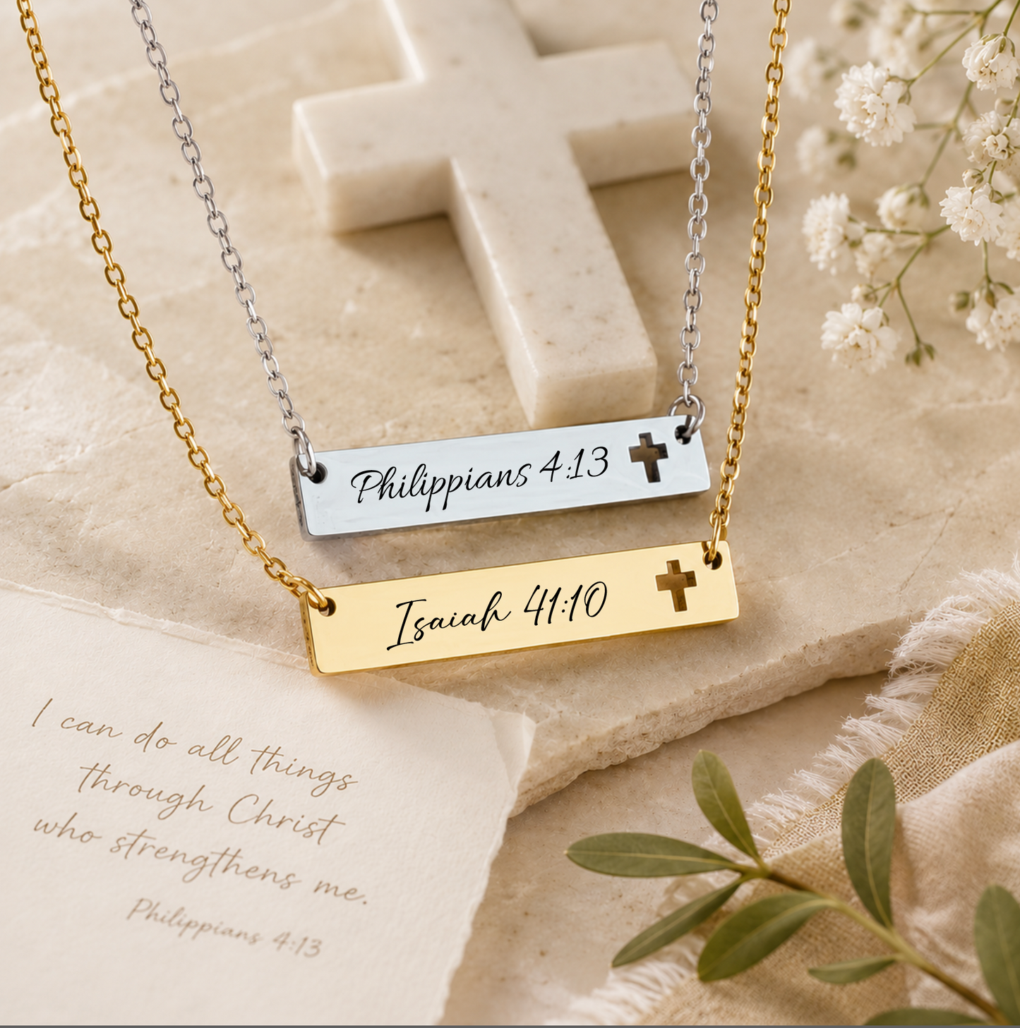 Personalized Cross Cutout Bar Necklace Engraved Christian Jewelry