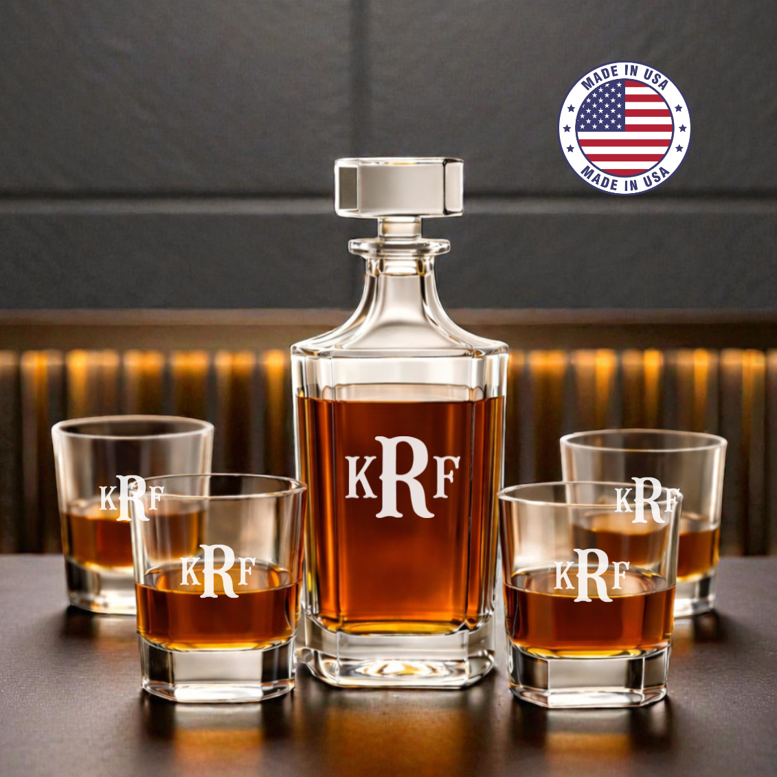 Personalized Etched Monogram Whiskey Decanter Set with 4 Rocks Glasses