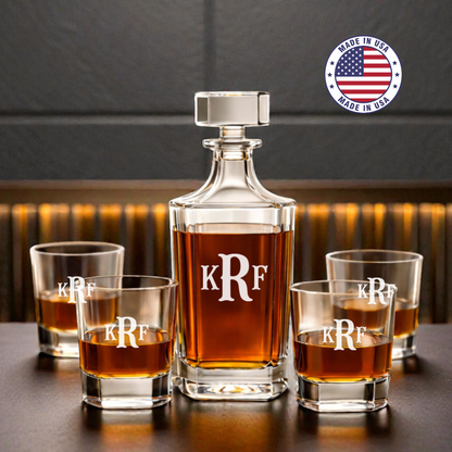 Personalized Etched Monogram Whiskey Decanter Set with 4 Rocks Glasses