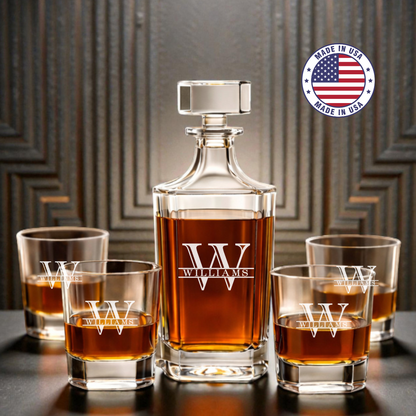 Personalized Etched Monogram Whiskey Decanter Set with 4 Rocks Glasses
