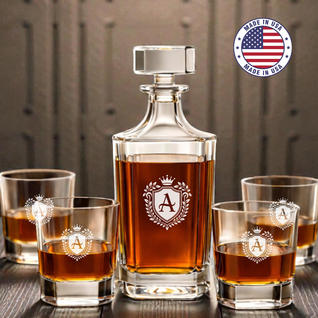 Personalized Etched Whiskey Decanter Set with 4 Rocks Glasses