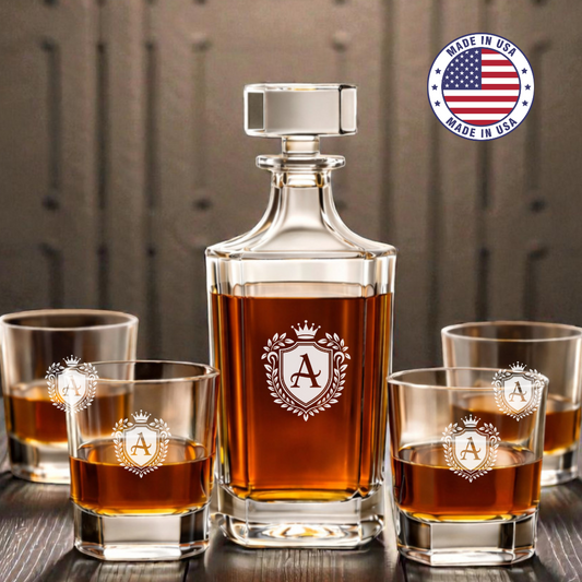 Personalized Etched Whiskey Decanter Set with 4 Rocks Glasses