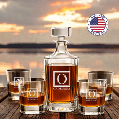 Personalized Etched Monogram Whiskey Decanter Set with 4 Rocks Glasses