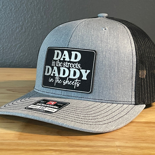 Dad in the Streets, Daddy in the Sheets Rectangular Leather Patch Hat Black/Silver