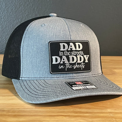 Dad in the Streets, Daddy in the Sheets Rectangular Leather Patch Hat Black/Silver