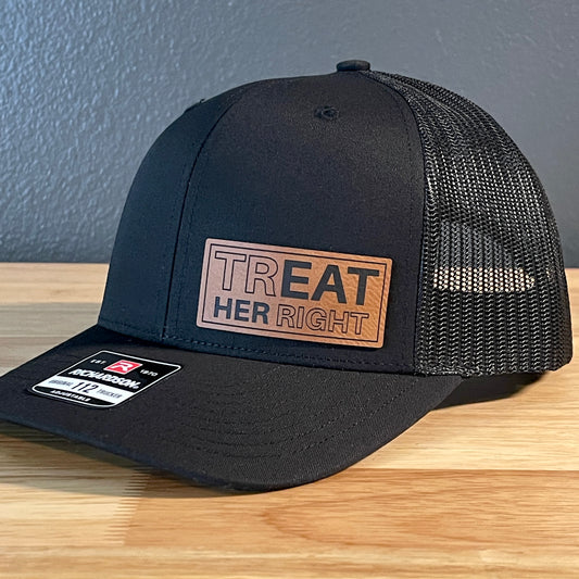trEAT HER right Funny Side Leather Patch Hat Black