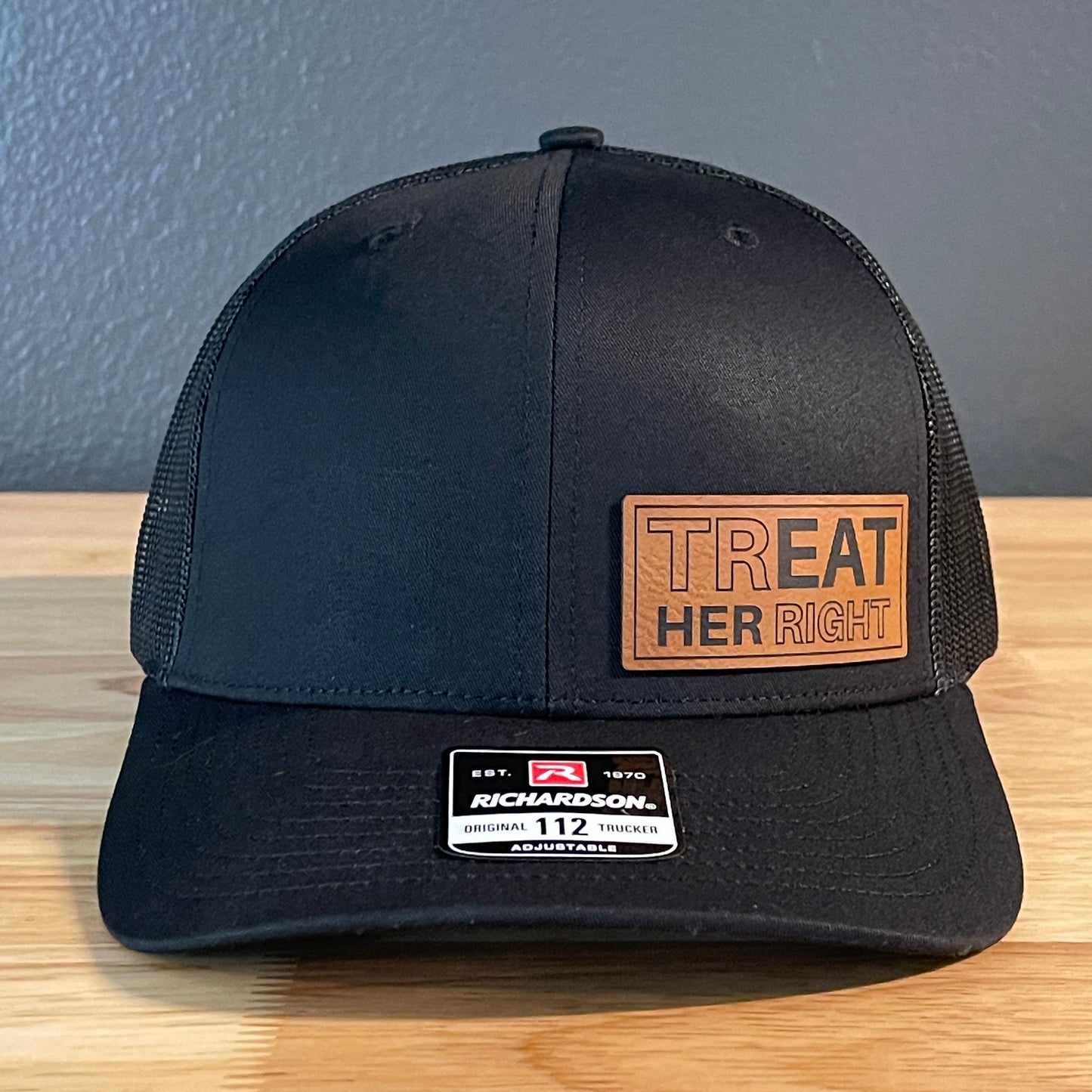 trEAT HER right Funny Side Leather Patch Hat Black
