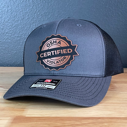 CERTIFIED OSHA VIOLATOR Funny Blue Collar Leather Patch Hat Charcoal/Black