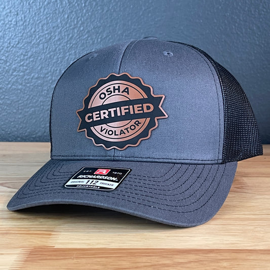 CERTIFIED OSHA VIOLATOR Funny Blue Collar Leather Patch Hat Charcoal/Black
