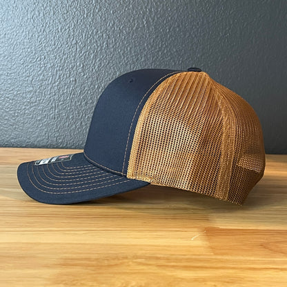 DAD American Flag Patriotic Side Leather Patch Hat Navy/Carmel