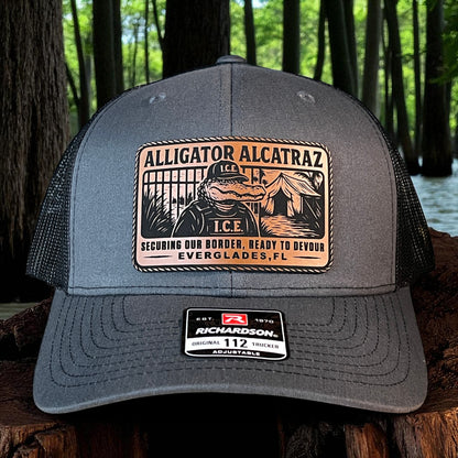 Alligator Alcatraz Swamp ICE Funny Leather Patch SnapBack Trucker Hat