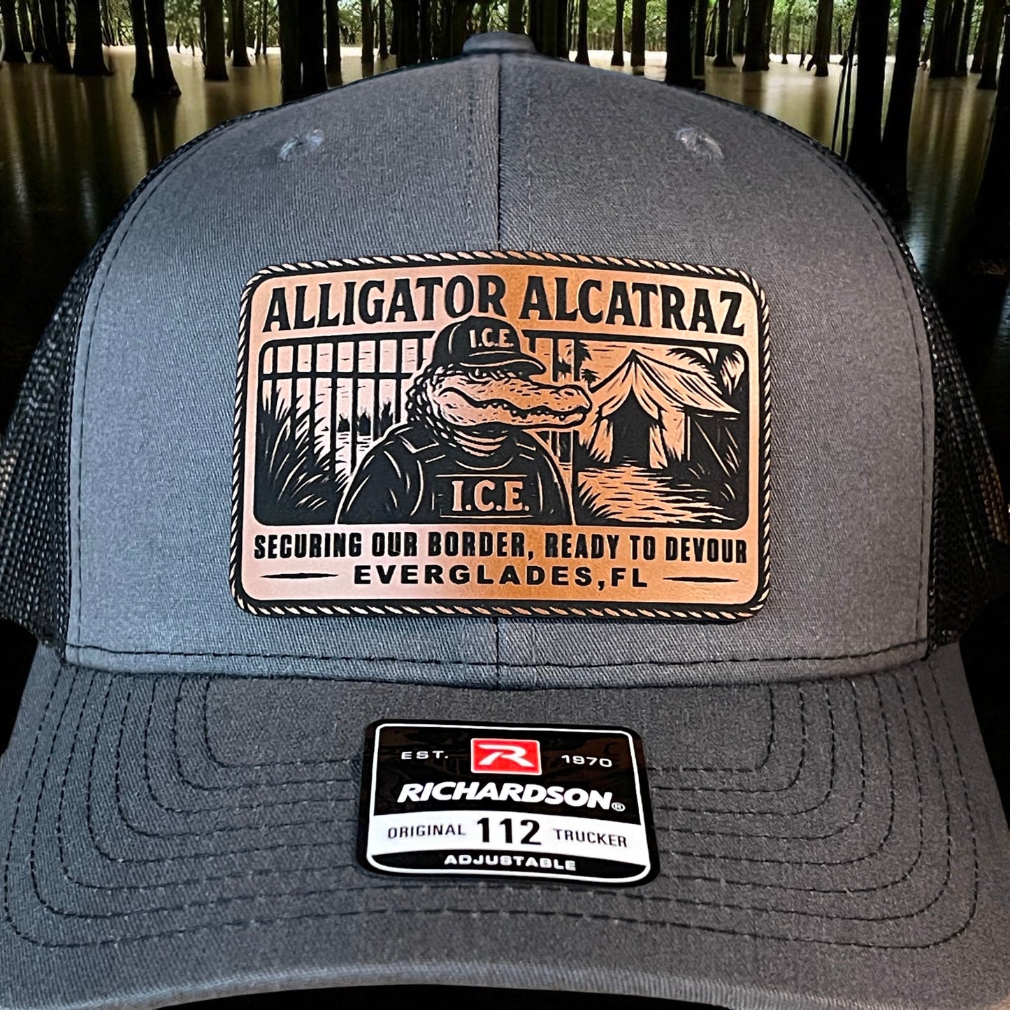 Alligator Alcatraz Swamp ICE Funny Leather Patch SnapBack Trucker Hat