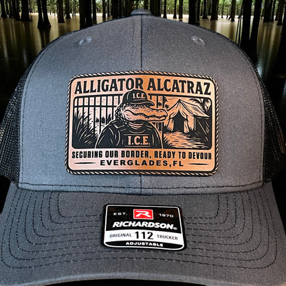 Alligator Alcatraz Swamp ICE Funny Leather Patch SnapBack Trucker Hat