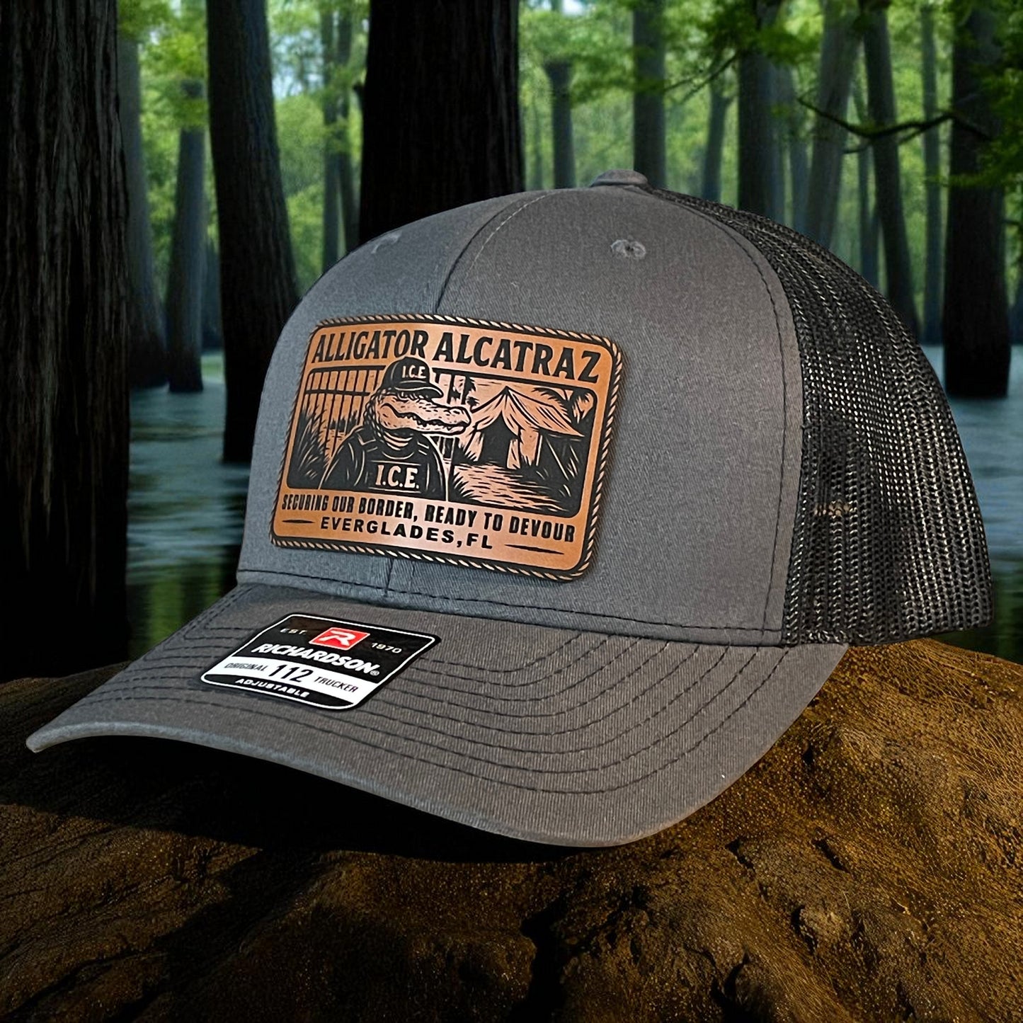 Alligator Alcatraz Swamp ICE Funny Leather Patch SnapBack Trucker Hat