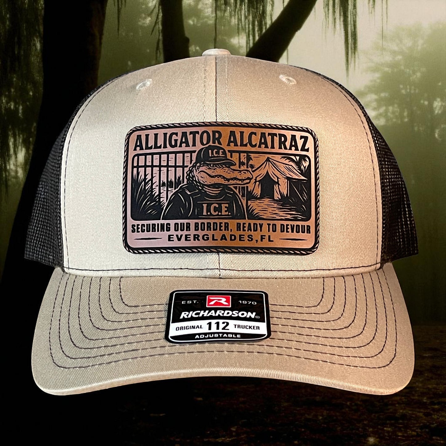 Alligator Alcatraz Swamp ICE Funny Leather Patch SnapBack Trucker Hat