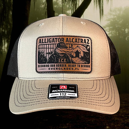 Alligator Alcatraz Swamp ICE Funny Leather Patch SnapBack Trucker Hat