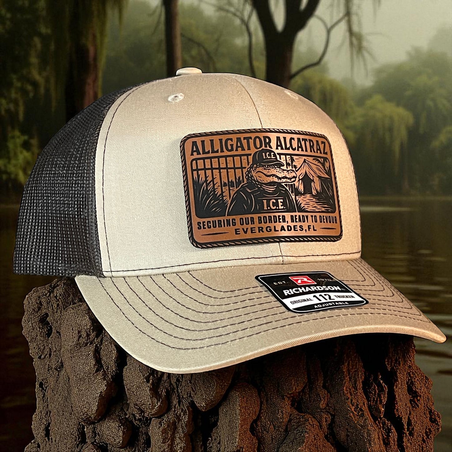 Alligator Alcatraz Swamp ICE Funny Leather Patch SnapBack Trucker Hat