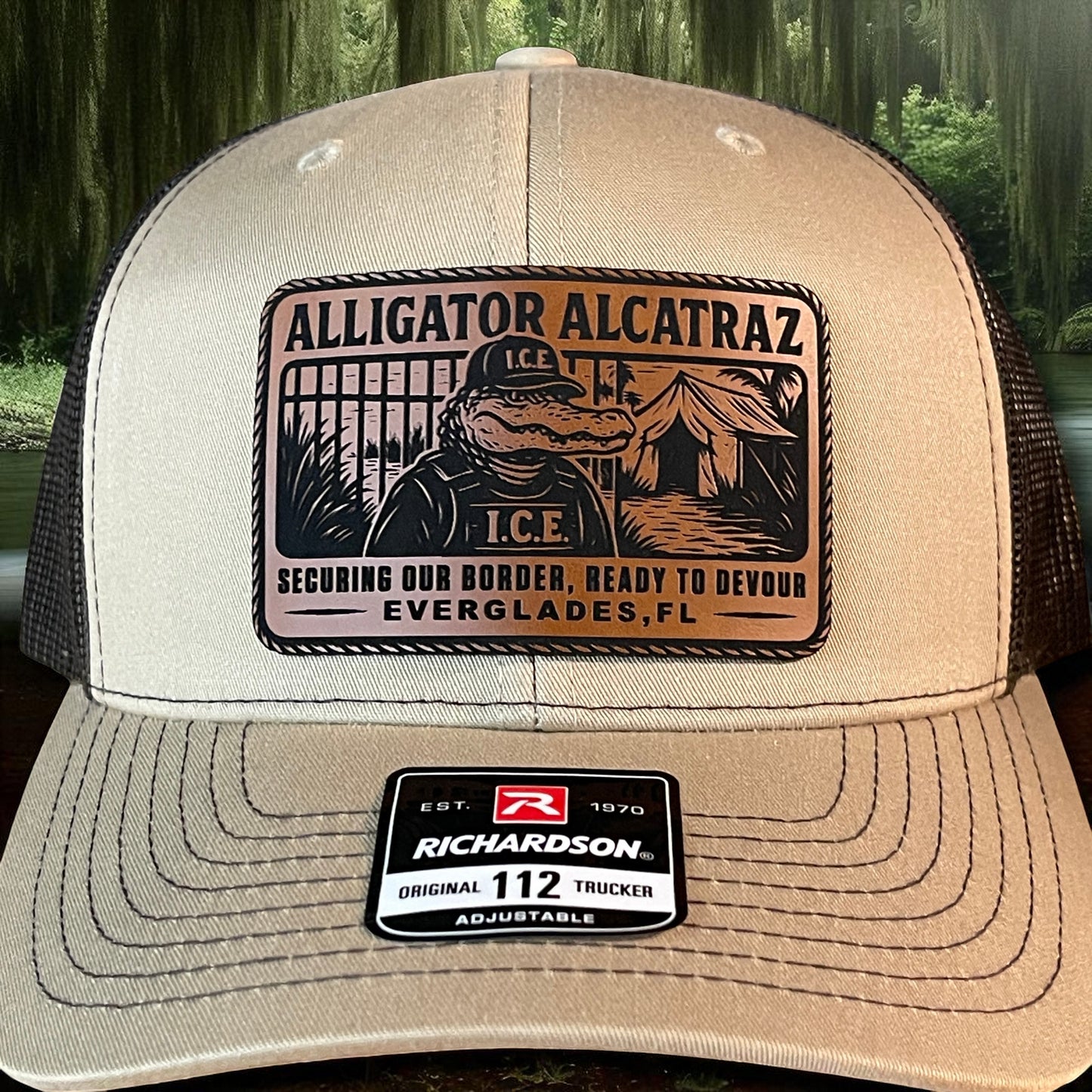 Alligator Alcatraz Swamp ICE Funny Leather Patch SnapBack Trucker Hat