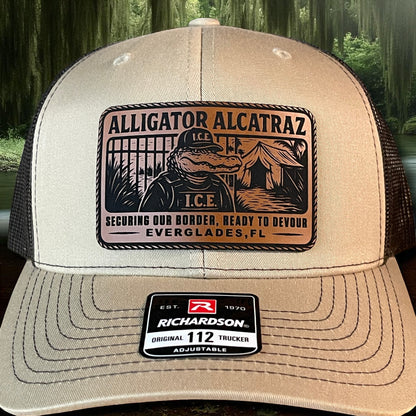 Alligator Alcatraz Swamp ICE Funny Leather Patch SnapBack Trucker Hat