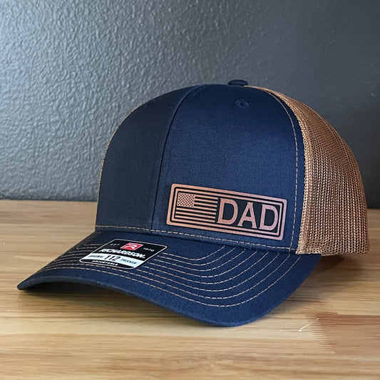 DAD American Flag Patriotic Side Leather Patch Hat Navy/Carmel