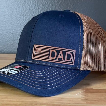 DAD American Flag Patriotic Side Leather Patch Hat Navy/Carmel