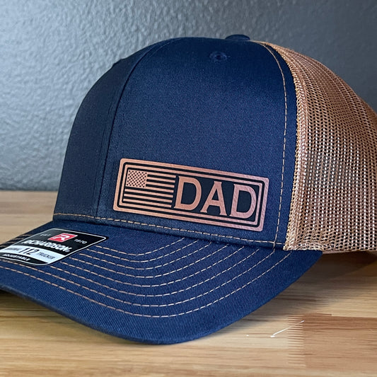 DAD American Flag Patriotic Side Leather Patch Hat Navy/Carmel