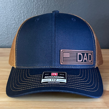 DAD American Flag Patriotic Side Leather Patch Hat Navy/Carmel
