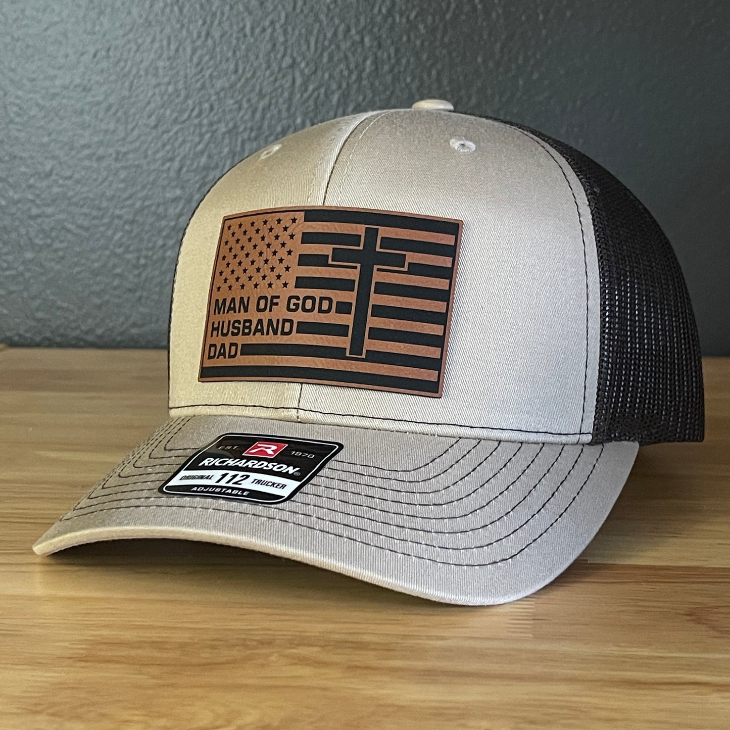 American Flag Man Of God Cross Christian SnapBack Trucker Hat Leather Patch