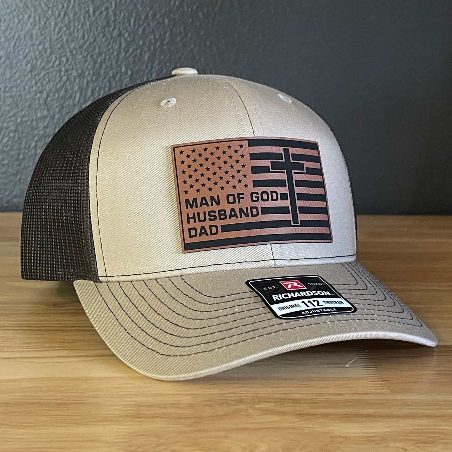 American Flag Man Of God Cross Christian SnapBack Trucker Hat Leather Patch
