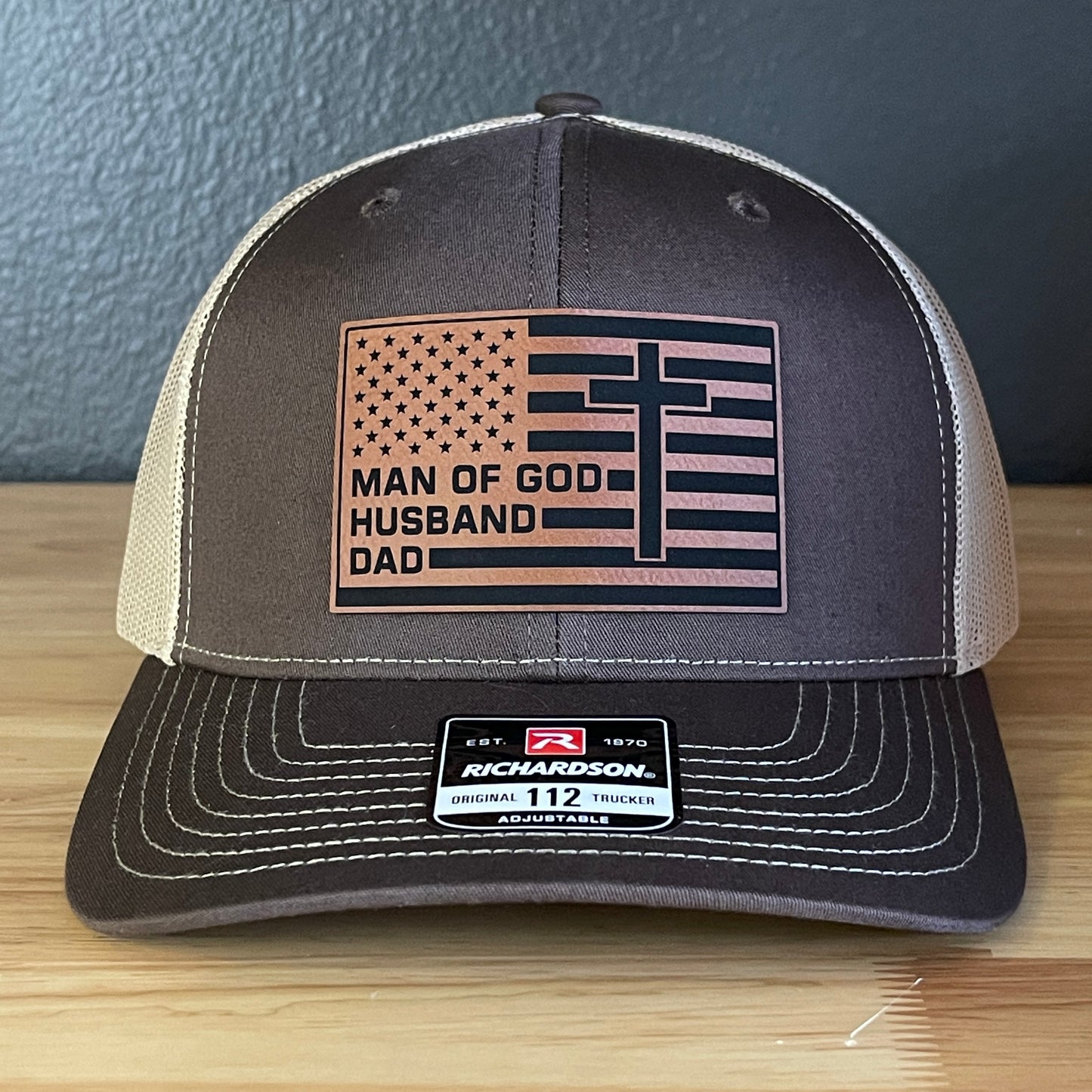 American Flag Man Of God Cross Christian SnapBack Trucker Hat Leather Patch