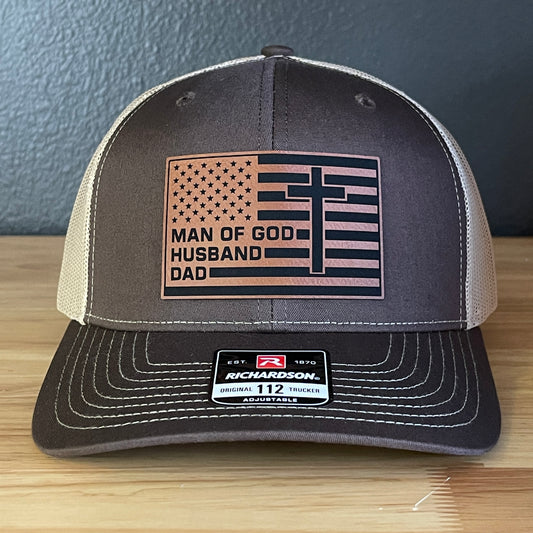 American Flag Man Of God Cross Christian SnapBack Trucker Hat Leather Patch